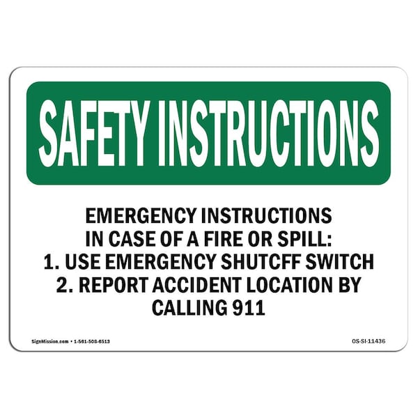 OSHA, Emergency Instructions In Case Of Fire, 24in X 18in Rigid Plastic, 18" W, 24" L, Landscape